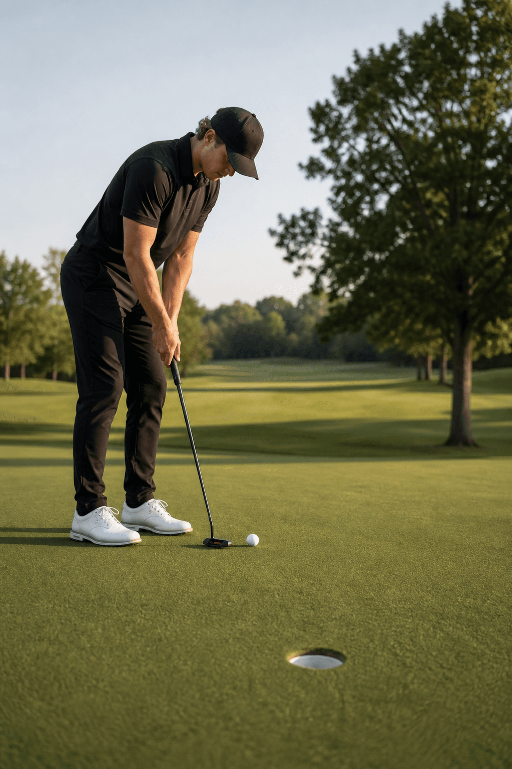 Golfer practicing a putt on an outdoor golf course green.
