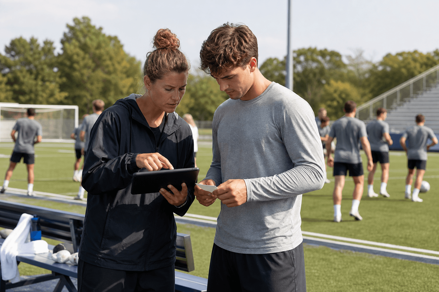 Coach and athlete reviewing a tablet and focus card beside an athletic field before competition.